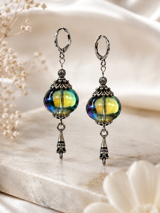 Artisan Jewelry - Iridescent Czech Glass Boho Earrings, Silver Dangle, MTO